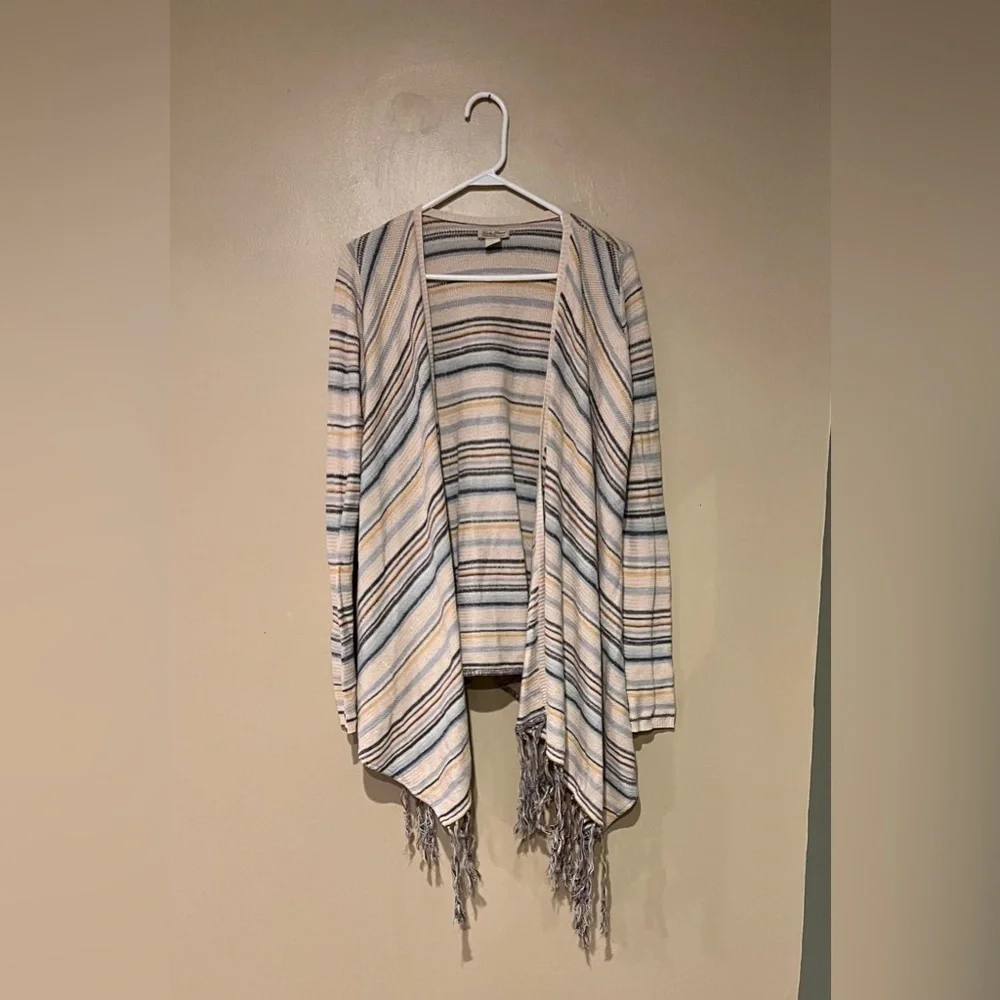 Lucky Brand Sweater Women M Beige Open Cardigan Fringe Southwestern Boho Knit
